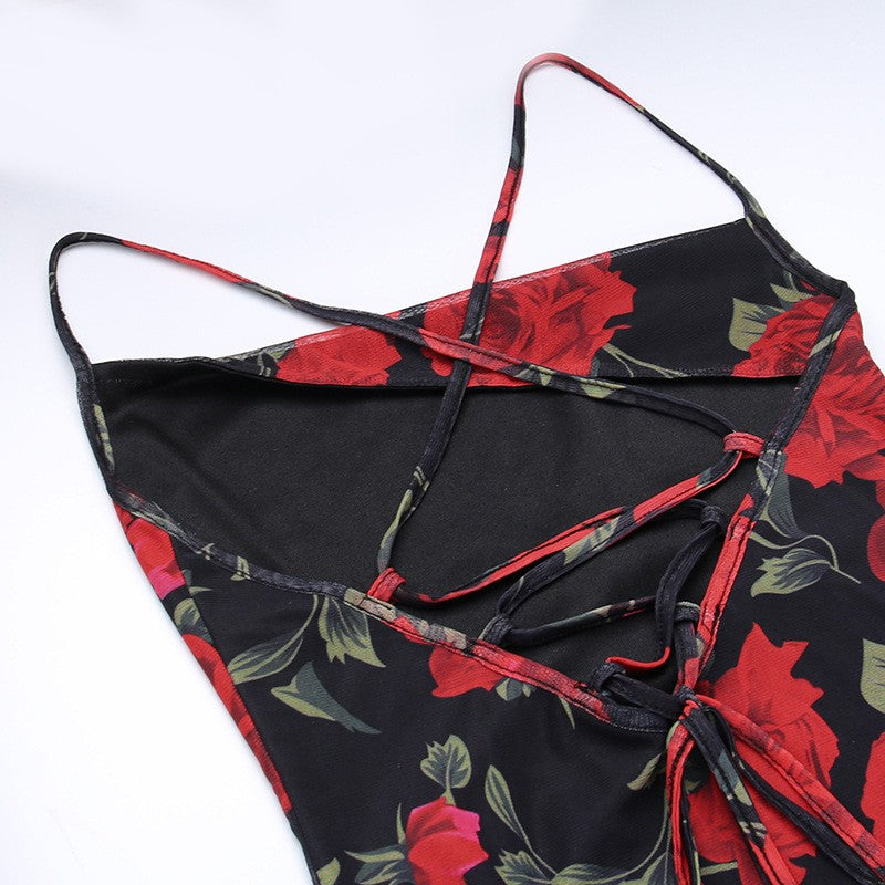 Flowers Print Spaghetti Strap Dresses Women Temperament Package Hip Bodycon Long