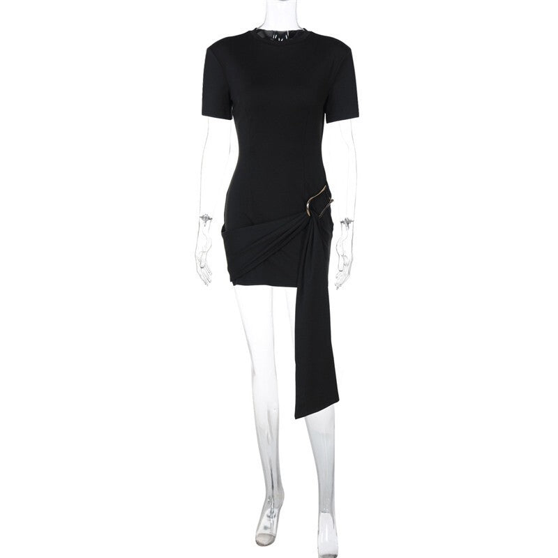Mozision Short Sleeve Draped Sexy Mini Dress For Women Black Metal Buckle O Neck