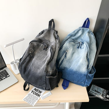 Men's and Women's Backpacks, Student Schoolbags, Large-Capacity Washed Denim Bags
