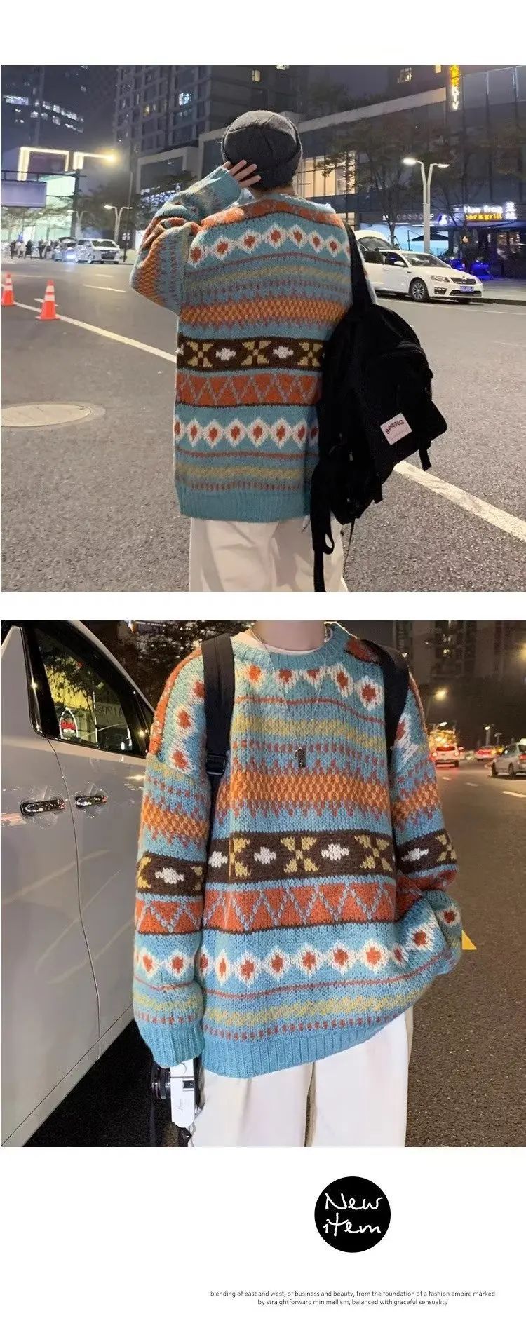 Japanese Vintage Sweater Men's Trendy Ethnic Striped Loose-Fit Knitted Top Casual Crew Neck Idle Style Couple Model Sweater