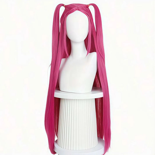 Peruca rabo de cavalo vermelha rosada com franja, cabelo longo e liso, peruca sintética rosa e vermelha estilo anime com rabo de cavalo duplo, adequada para o Halloween