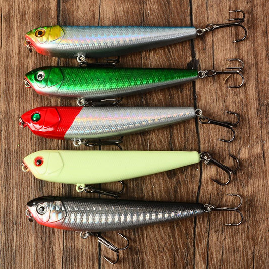 5 unidades de isca flutuante tipo lápis, isca de superfície 3D, isca artificial com anzol, equipamento de pesca Wobbler Cranbait