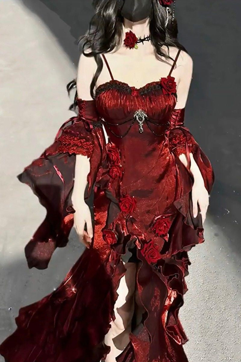 Red Rose Dress Lolita Mermaid Dress Elegant Goddess Lolita Adult Ceremony Dress Skirt