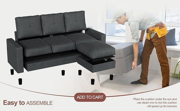 L-Shaped Couch 3 Seat Sofa Set with Linen Fabric and Ottoman Small Couch for Apartments, Black sofa set living room furniture