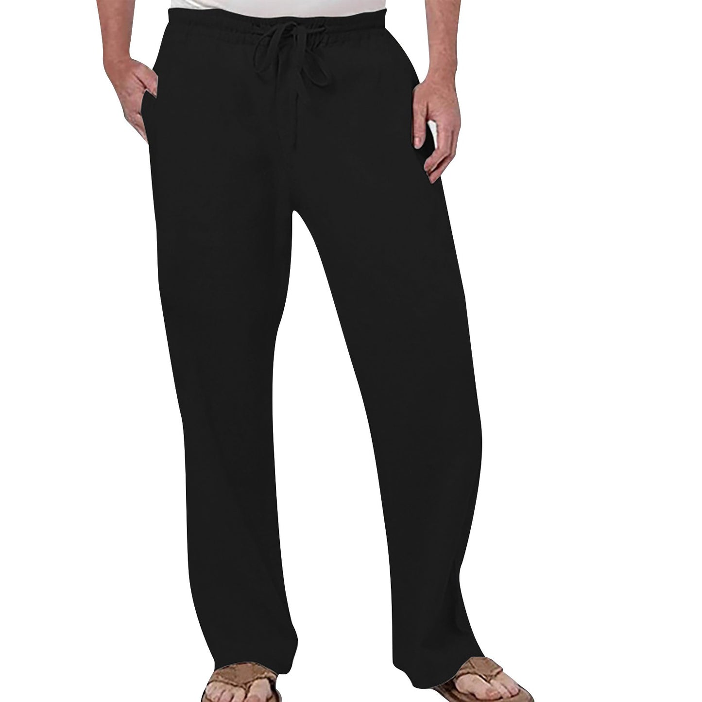Mens Fashion Casual Pants Solid Color Breathable Cotton Linen Elastic Waist Straight Pants With Pockets Large Size White Pants