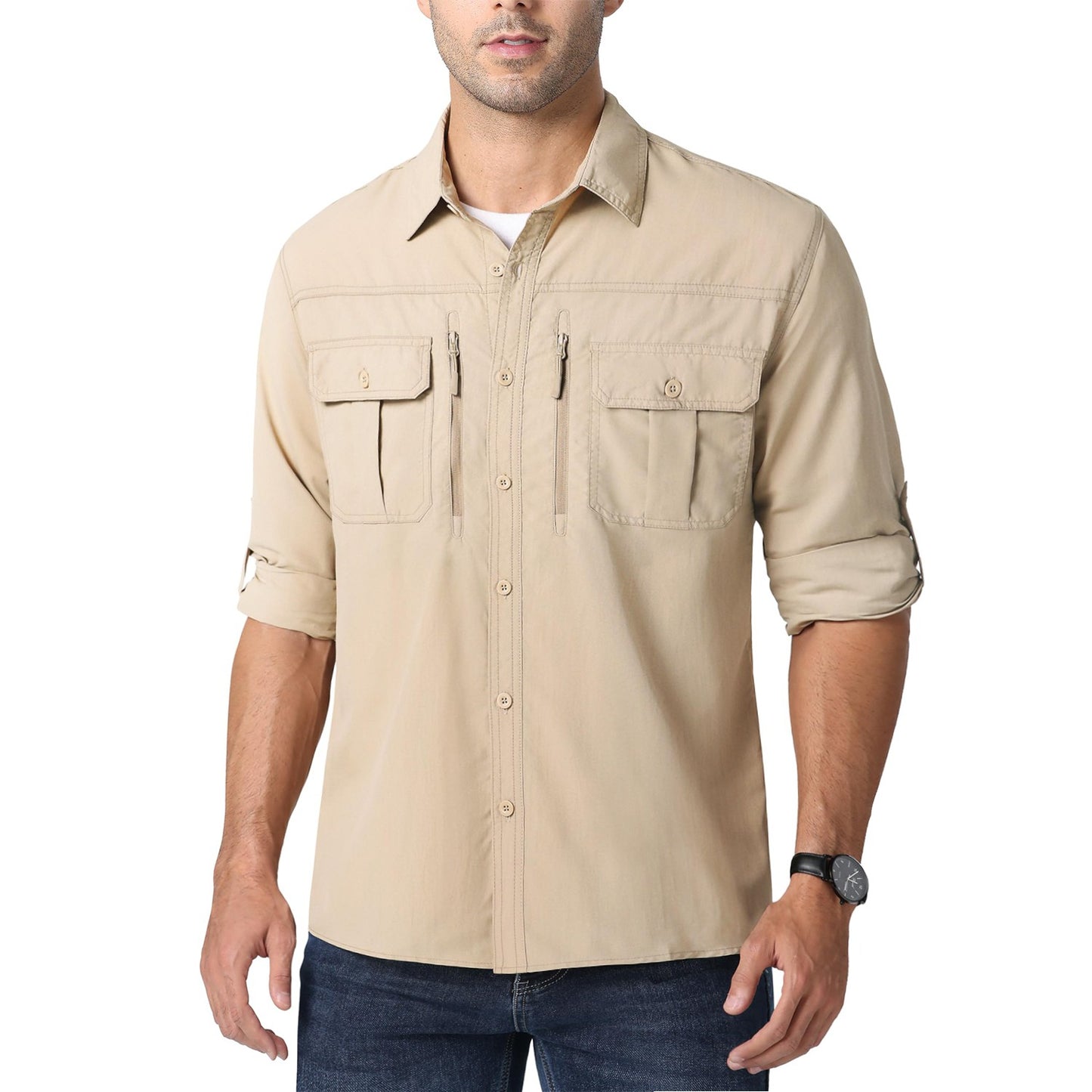 MAGCOMSEN UPF 50+ Mens Quick Dry Cargo Shirts Mesh Breathable Long Sleeve Work Shirts UV block Outdoor Hiking Fishing Shirts