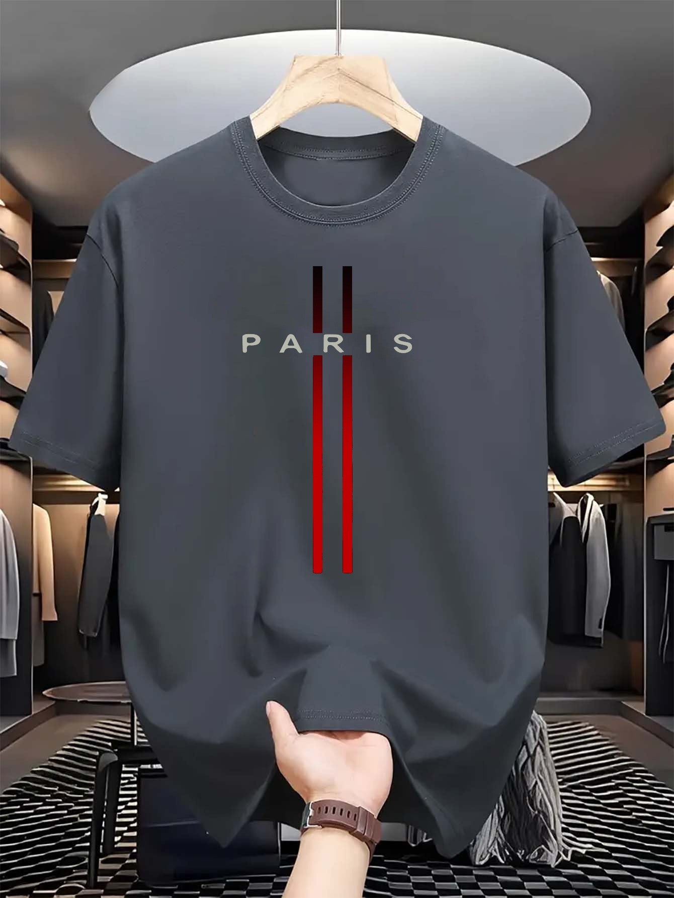 Men's 100% pure cotton summer casual loose fashion Paris letter printed comfortable round neck short sleeved T-shirt top