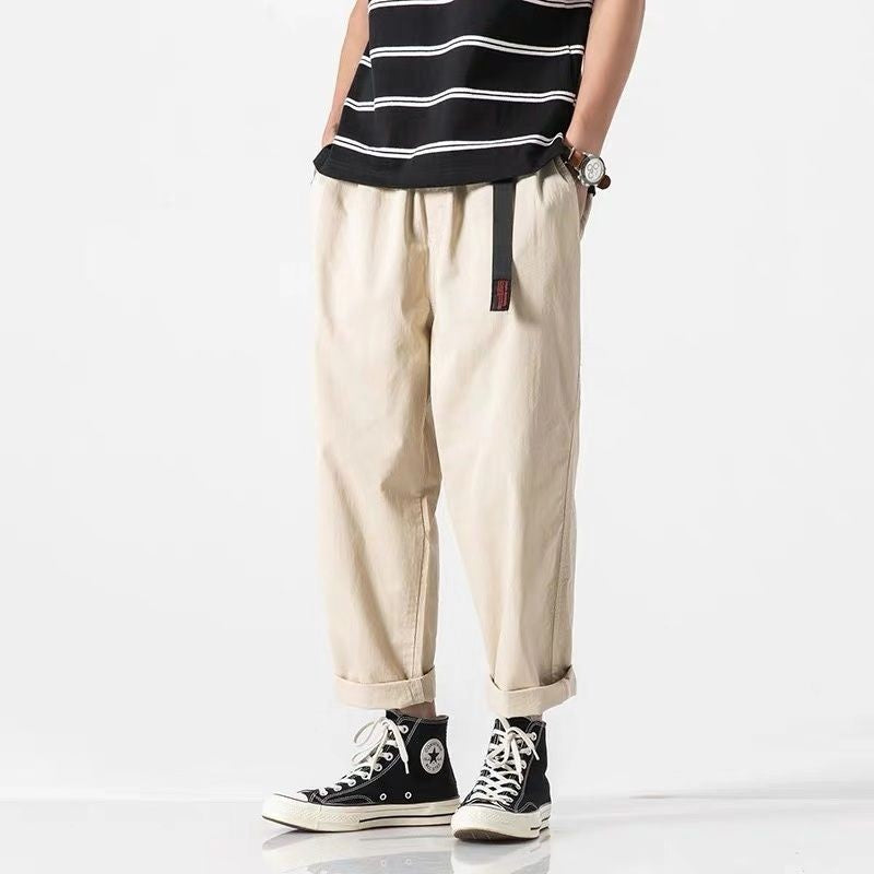 100% Cotton Casual Summer Pants With Belt Men Straight Baggy Ankle-Length Cargo Trousers Wide Leg Sweatpants Male Streetwear