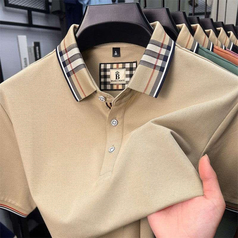 Luxury brand short sleeve polo shirt men's summer new silk cotton breathable fashion top casual business plaid lapel T-shirt