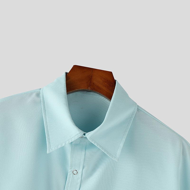 INCERUN Men's Shirts Solid Color Lapel Short Sleeve Pockets Button Male Crop Tops Streetwear Summer Loose Fashion Men Clothing