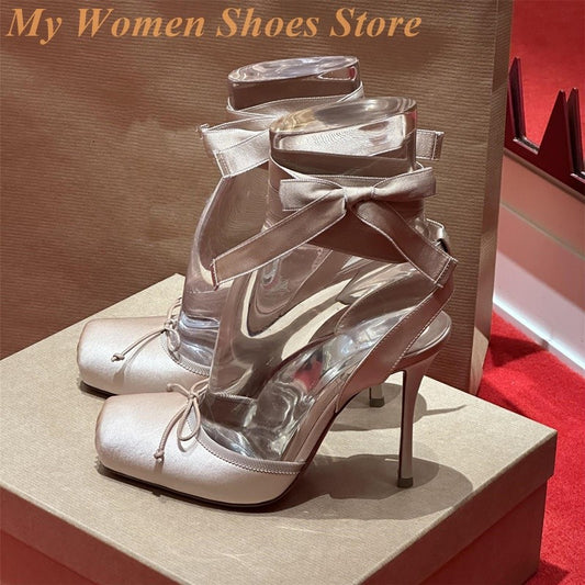 Satin Lace Up Women Pumps Square Toe Stiletto Thin High Heel Runway 2026 Autumn Spring Women Dress Shoes Handmade Pumps Knot