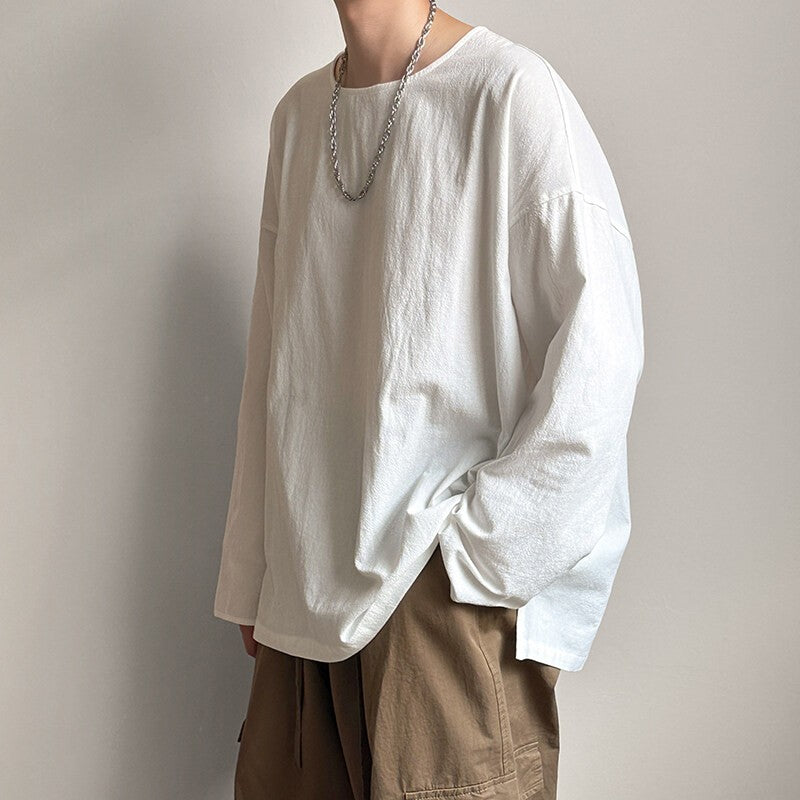 Spring Autumn Round Neck Loose T-Shirt Men Cotton Linen Long Sleeve Casual Male Tshirt Comfortable Breathable Hip Hop Tees Tops