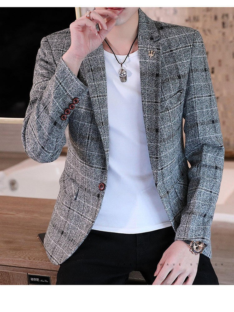 Men's casual plaid suit jacket, fashionable and versatile slim-fitting top, stylish plaid suit