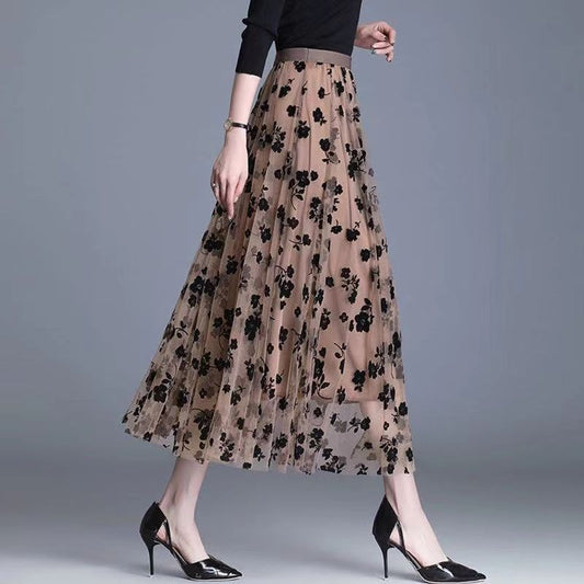 Korean Women Tulle Skirt Fashion Summer Hook Floral Loose Midi Skirt Elegant Fem
