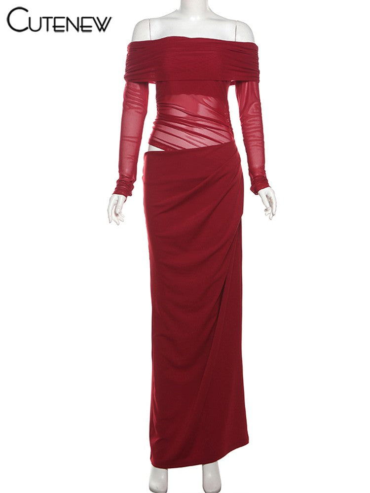 Cutenew Mesh Ruched Women Maxi Dress Sexy See Through Off Shoulder Long Sleeve S