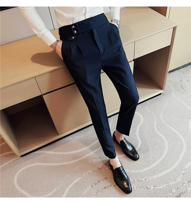 British Style Spring New Solid Business Casual Suit Pants High Waist Button Men Formal Pants High Quality Slim Office Trousers