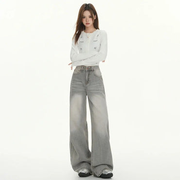 Gray American High Street Wide Leg Jeans Women Loose Drapey Slim Straight Floor-Length Pants High Waist Button Decoration