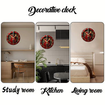 Vintage Guitar Wooden Round Silent Hanging Wall Clock, Suitable For Living Room, Office, Study Room, Bedroom, Home Decoration