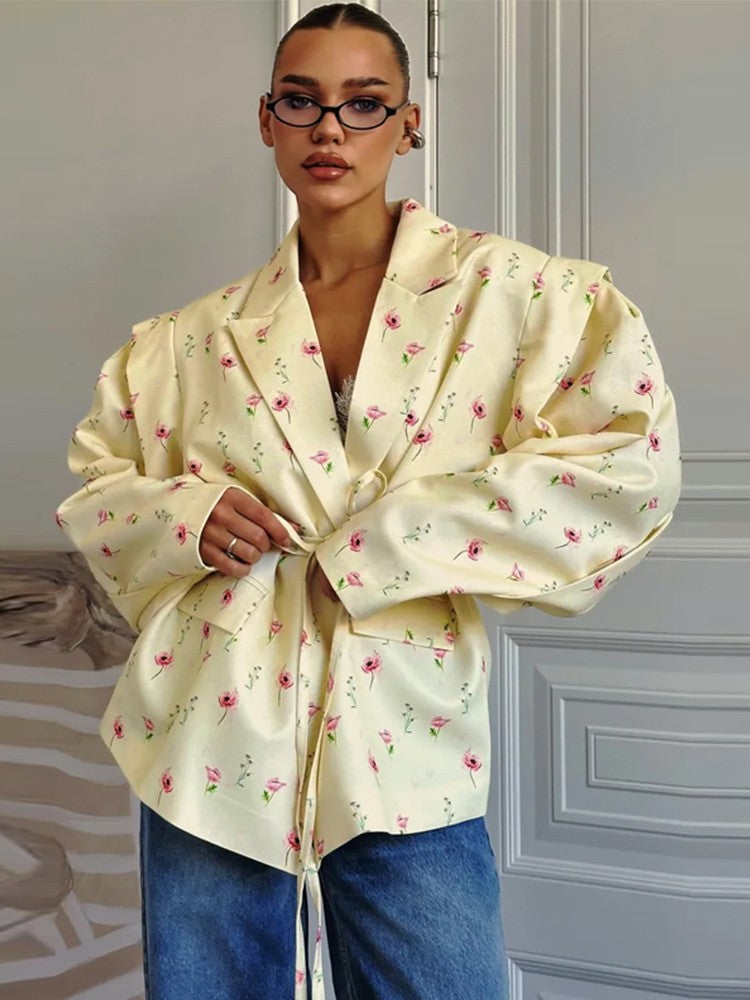 Lace Up Shoulder Pad Blazer Coat Women Elegant Turn-down Collar Long Sleeve Pockets Slim Fit Coats Chic Ladies Commute Outerwear