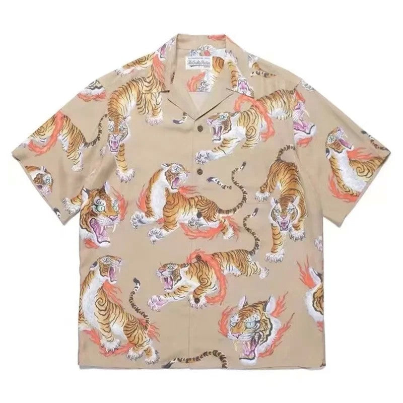 Classics Summer WACKO MARIA Shirts Full Print Leopard Rayon Short-sleeved Real Photos Hawaiian Shirt for Men Women