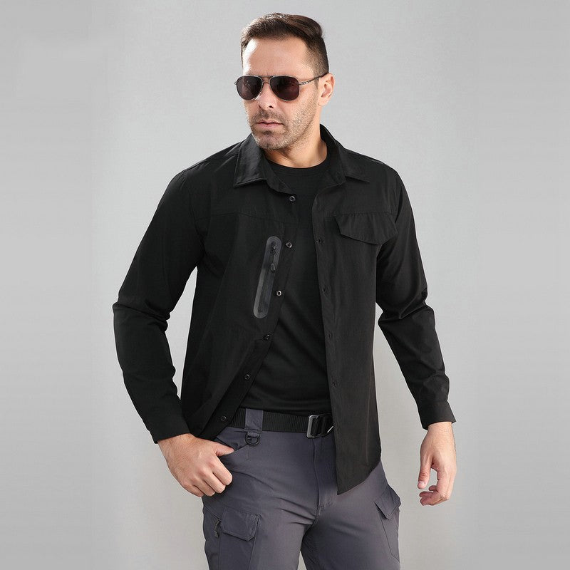 Stretch Men's Shirt Multiple Pockets Quick Drying Shirts High Quality Male Elastic Tooling Shirt Men Clothing Casual Shirts AF54