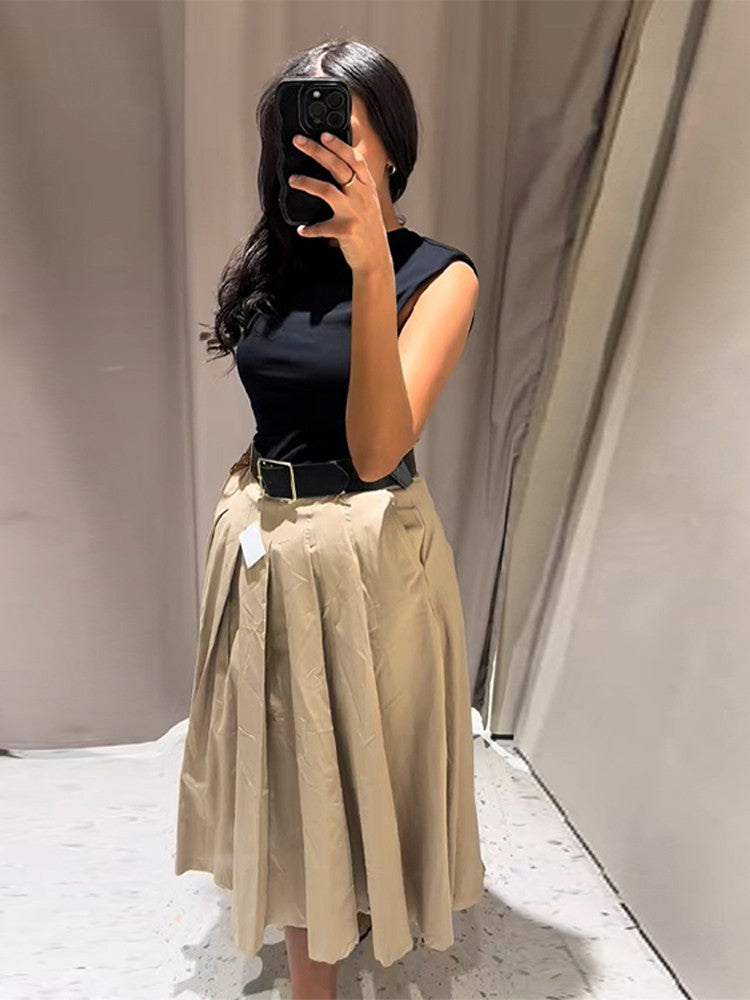 Fashion Patchwork Pleated Long Dress With Belt Women Chic Sleeveless Tank Maxi M