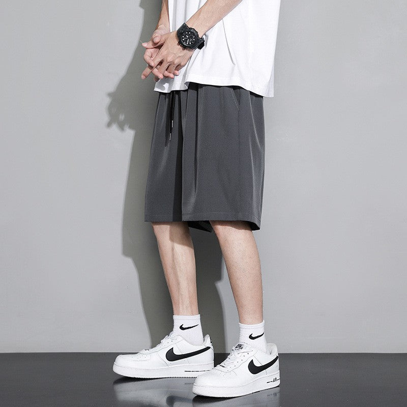 Summer Loose-fit Men's Sports Mid-waist Shorts Lightweight Black Ice Silk Five-poin