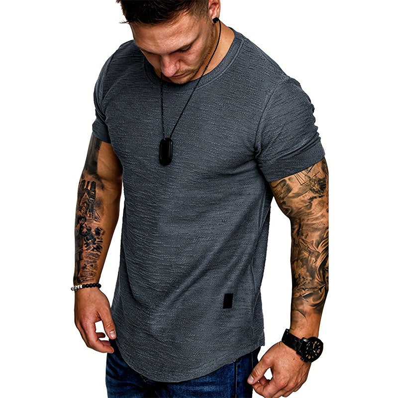 Men's Sports T-shirt Slim Fit O-neck Short Sleeve Muscle Fitness Casual Hip Hop Top Summer Fashion Basic Solid Crew T-shirt
