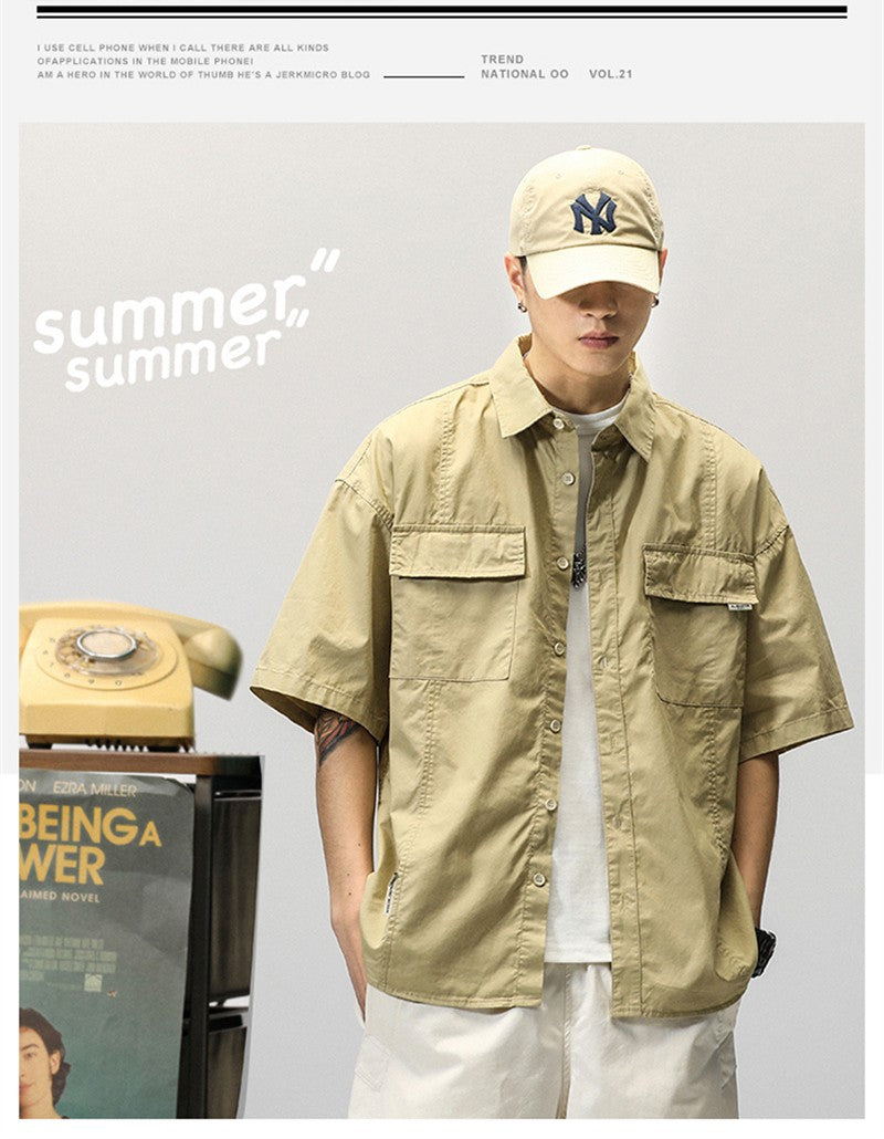Summer Japanese Cargo Short Sleeve Shirt Men's Pockets Button Turn-down Collar Shirts Fashion Casual Cardigan blouses Tops