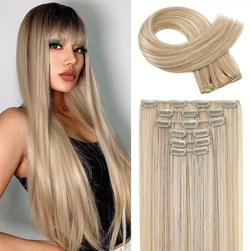 Extensões de Cabelo Sintéticas Lisas Longas com 16 Grampos para Mulheres e Meninas Acessórios para Cabelo