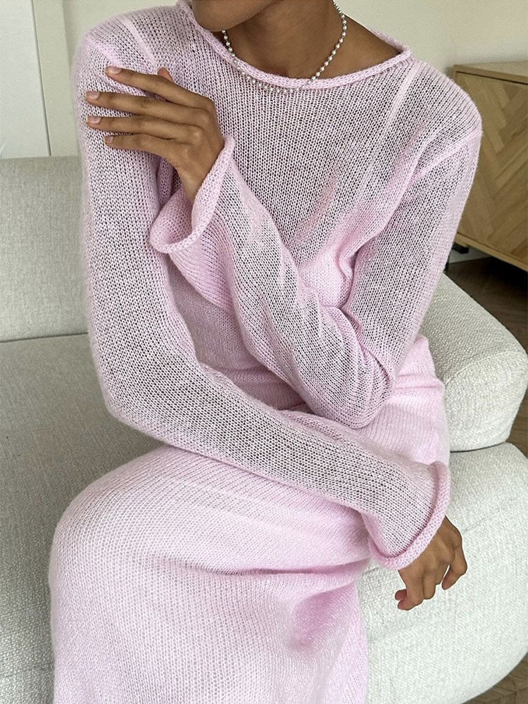 Spring Autumn O-Neck Elastic Knit Long Dresses Women 2024 Elegant Chic Soft Lady