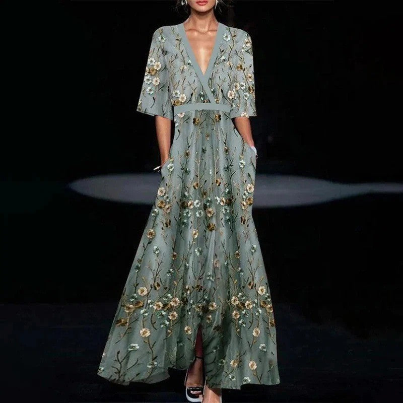 Women Fashion 2024 Spring V Neck Belted Party Long Dress Sexy Printing A-Line Bo