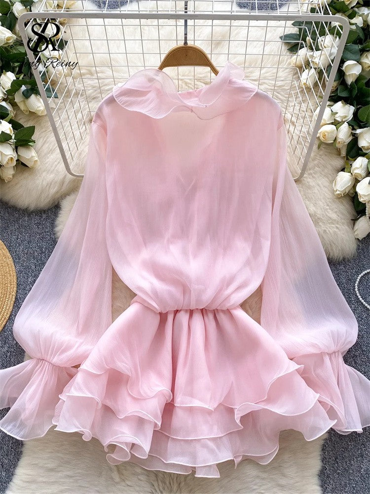 SINGREINY 3D Floral Beach Short Dress Female Long Sleeves Lace Up Ruffle Chiffon