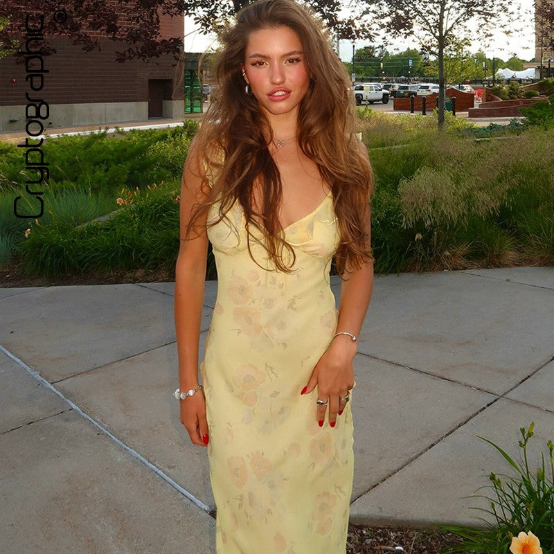 Cryptographic Summer Floral Print Plunge Maxi Dress Outfits Sexy Backless Fairy