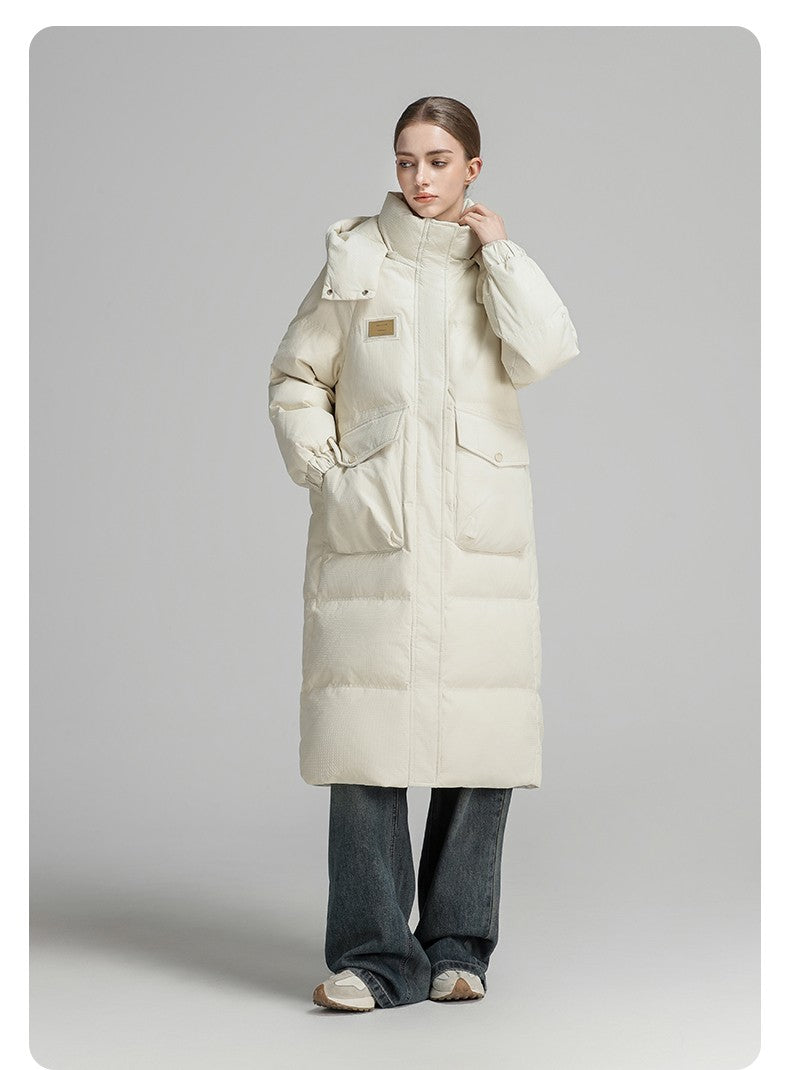 CLARKE QUEEN Long Down Jacket for Women Winter Duck Down Coat Hooded Over-the-Knee Casual Thickened Fitted Padded Puffer Coat