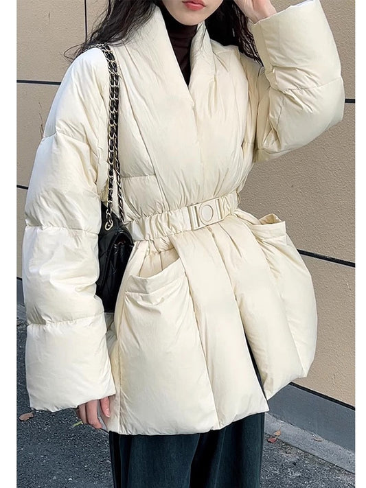 Lagabogy 2025 Winter Belt Waist-Tight Elegant Warm 90% White Duck Down Jacket Female Long Sleeve Solid Color V-neck Puffer Coat
