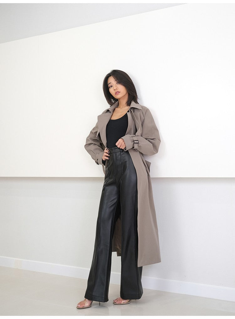 Lautaro Spring Autumn Long Black Soft Pu Leather Pants Women with Zipper High Waist Casual Elegant Straight Leg Trousers 2022
