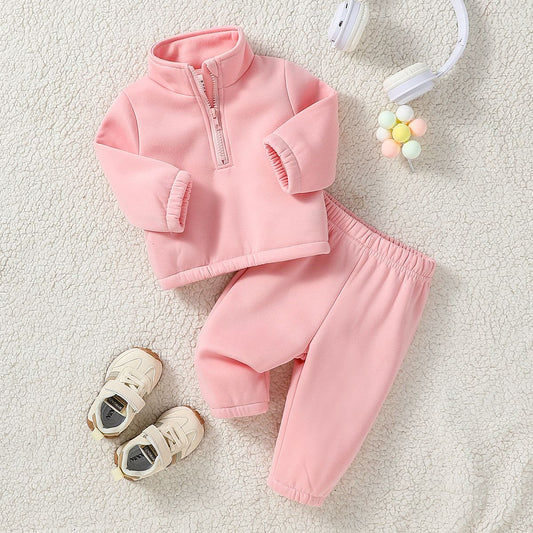 Baby Girl Fall Winter Clothes Solid Color 2 Piece Set Fleece Set Fur Sweasthirt Turtleneck &Pants Sportswear For 1-3Y