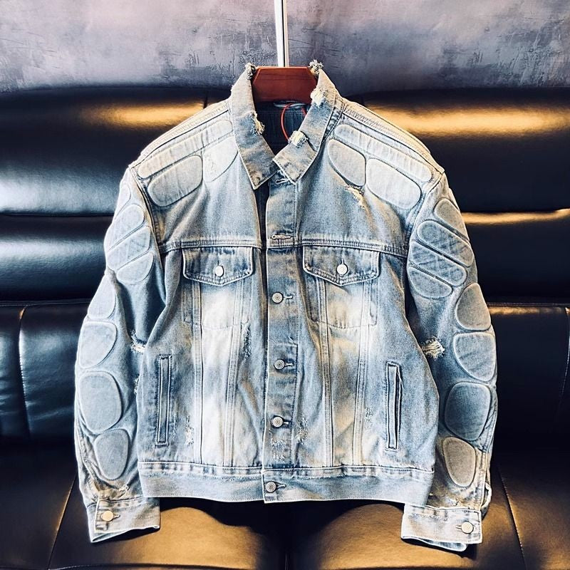 American Loose Hole Denim Jacket Men's Spring Broad Shoulder Rugged Handsome Coat Armor Design Motorcycle Jean Jacket Streetwear