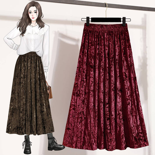 Autumn Winter Girls New A-line Velvet Skirt 2025 Plus Size Gold Velvet Half Pleated Skirt Solid Versatile High Waist Mid Skirt
