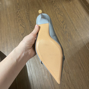 Women 7cm High Heels Pumps Lady Scarpins Fetish Nightclub Blue Nude Low Heels Wedding Party Metal Chain Buckle Fetish Prom Shoes