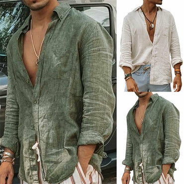 2024 Summer Men'S Casual Cotton Linen Shirt Long Sleeve Loose Blouse Button Breathable Top For Men