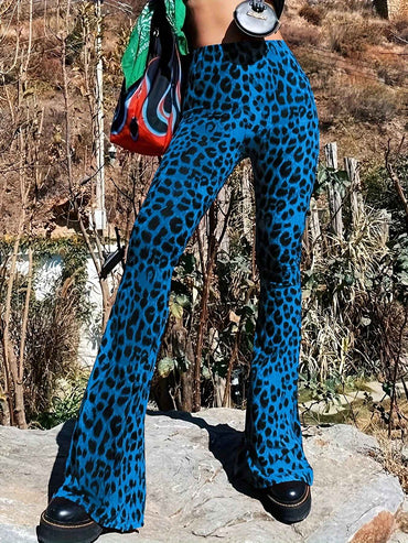 New High Waist Leopard Print Flare Pants Women's Stretchy Casual Streetwear Tummy Control Bootcut Trousers Elastic Waistband
