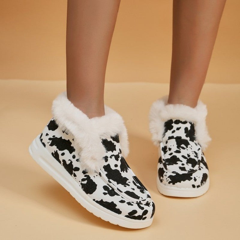 2025 Autumn Winter Women Fluffy Fur Snow Boots Women Leopard Print Flat Flat Heels Thicken Plush Cotton Padded Shoes Woman Warm