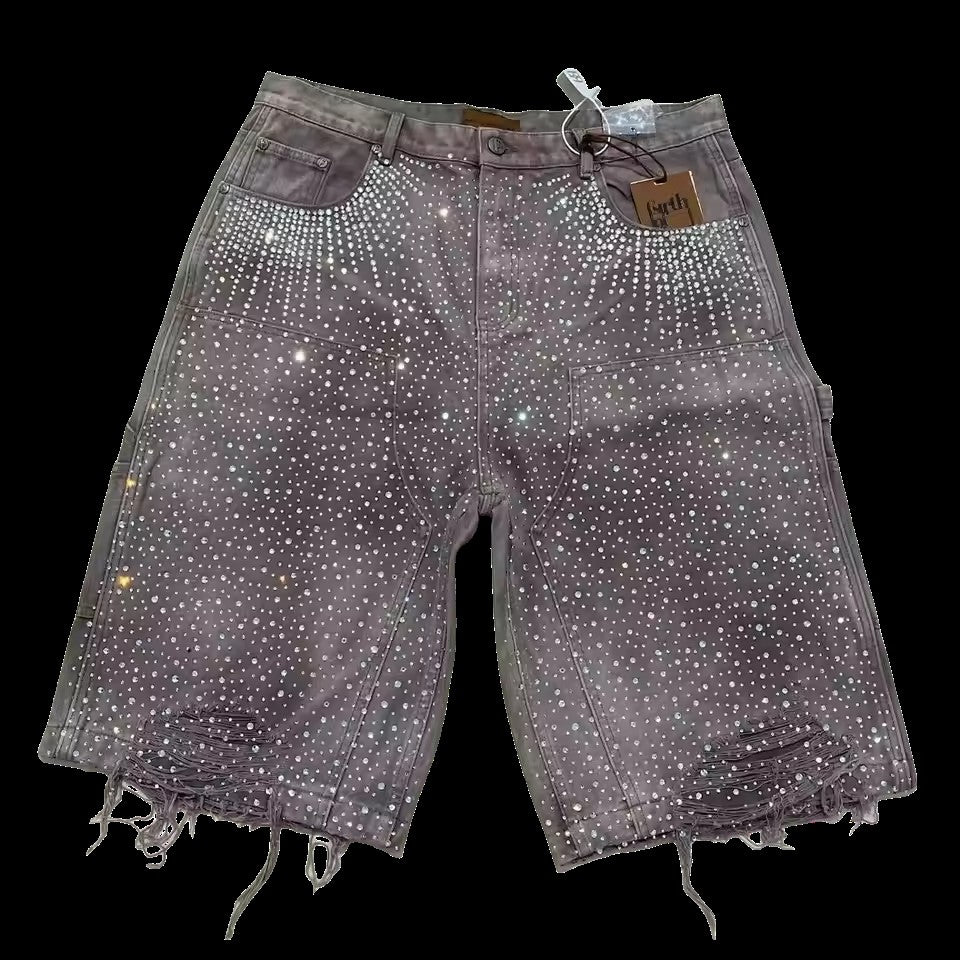 Retro Gothic Y2k Sweatpants Oversized Iron Diamond Pattern Denim Shorts for Men Hip Hop Punk Low Waist Gym Shorts Streetwear