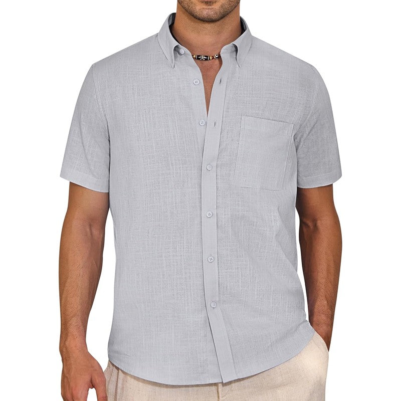 Men's Short Sleeve Cotton T Shirt Summer Casual Shirts Beach Regular Tshirts Outdoor Button-Down Basic Streetwear with Pocket