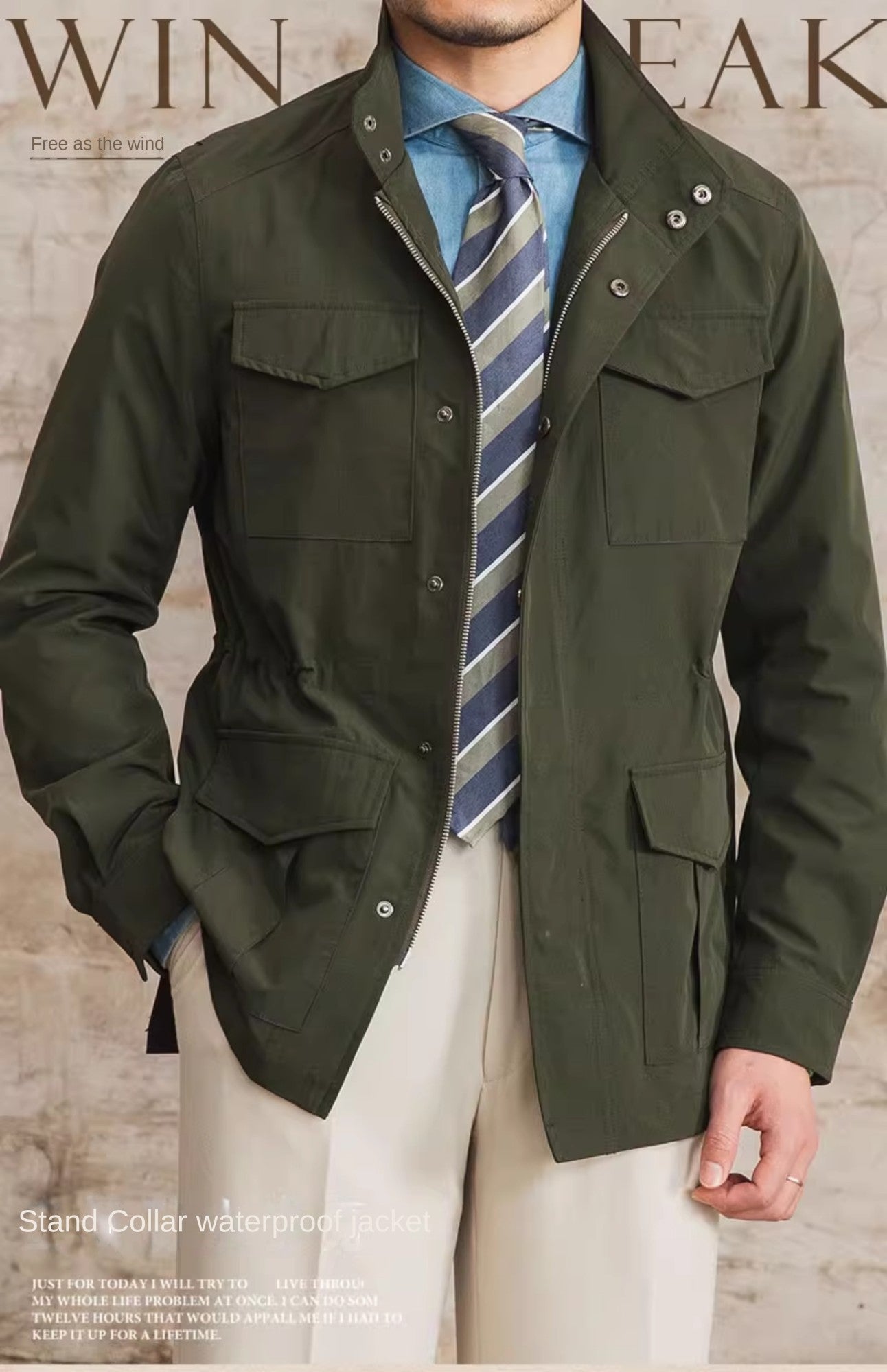 Three Spring and Summer Light Vertical Collar Waist Half Hanging M65 British Jacket Men's Retro Hunting Wear Waterproof Jacket