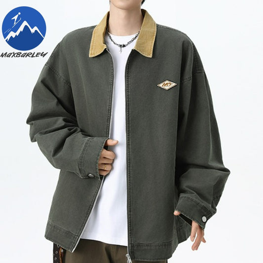 Maxbarley Trendy Cotton Jacket Men Autumn 2025 Hip-Hop Stitching Windproof Lapel Jackets K-Pop Antique Washed Motorcycle Coat