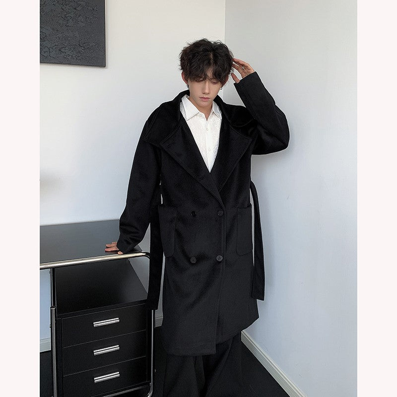 Men's Double-Breasted Wool Blend Overcoat with Belt Loose Fit Solid Color Stand Collar Mid-Length Trench Coat for Autumn Winter