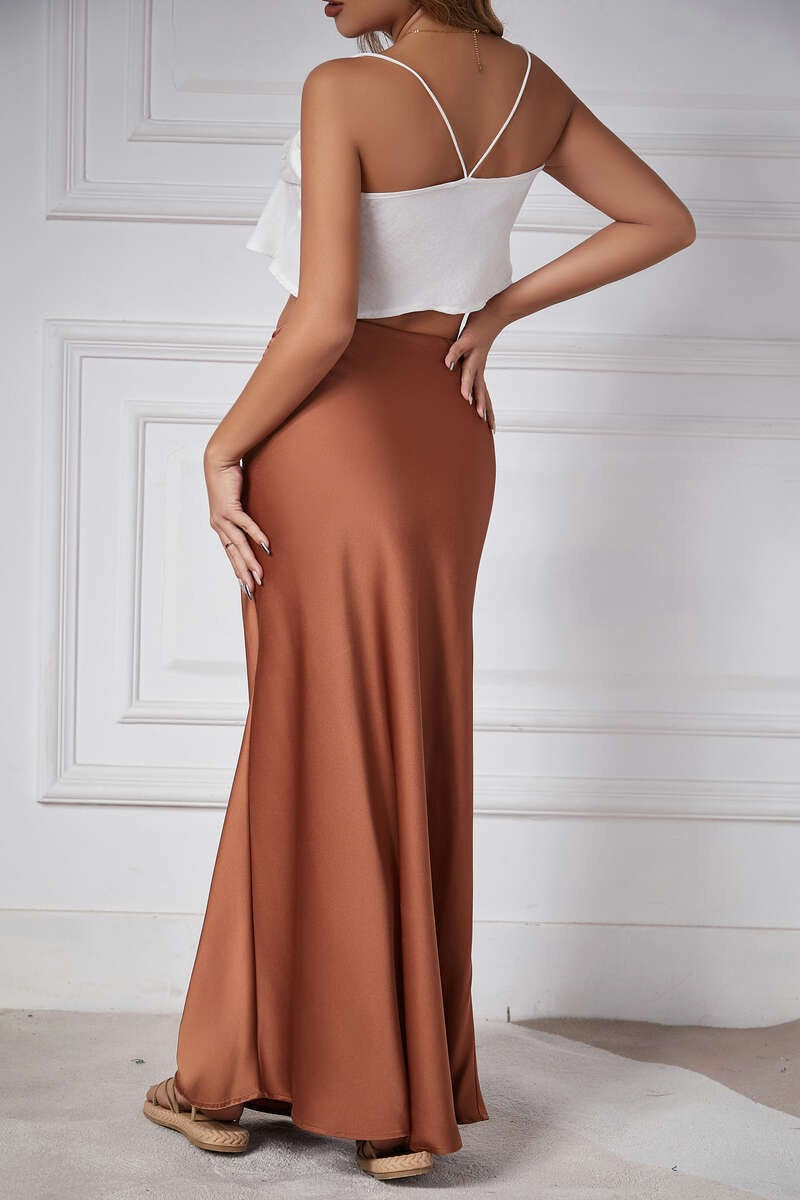 New In 2025 Spring Summer Solid Color Satin Long Skirt For Women High Waist Lace